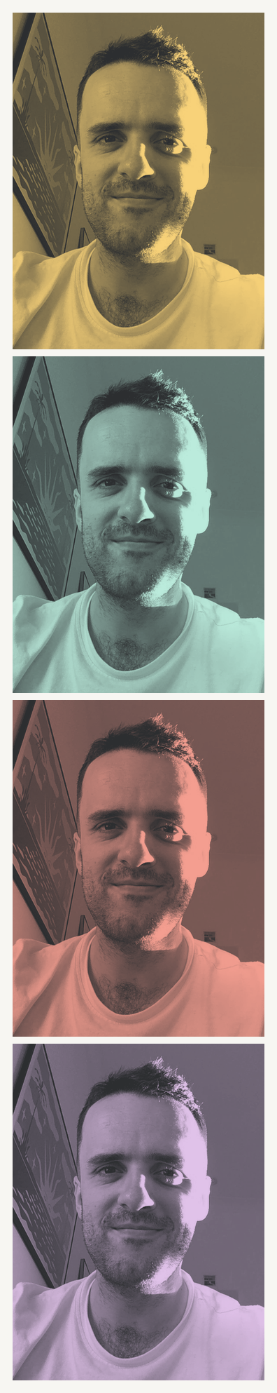 Four colour-treated photobooth style portraits of Ashley Giles
