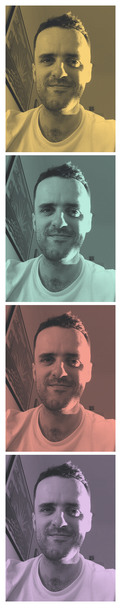 Four colour-treated photobooth style portraits of Ashley Giles